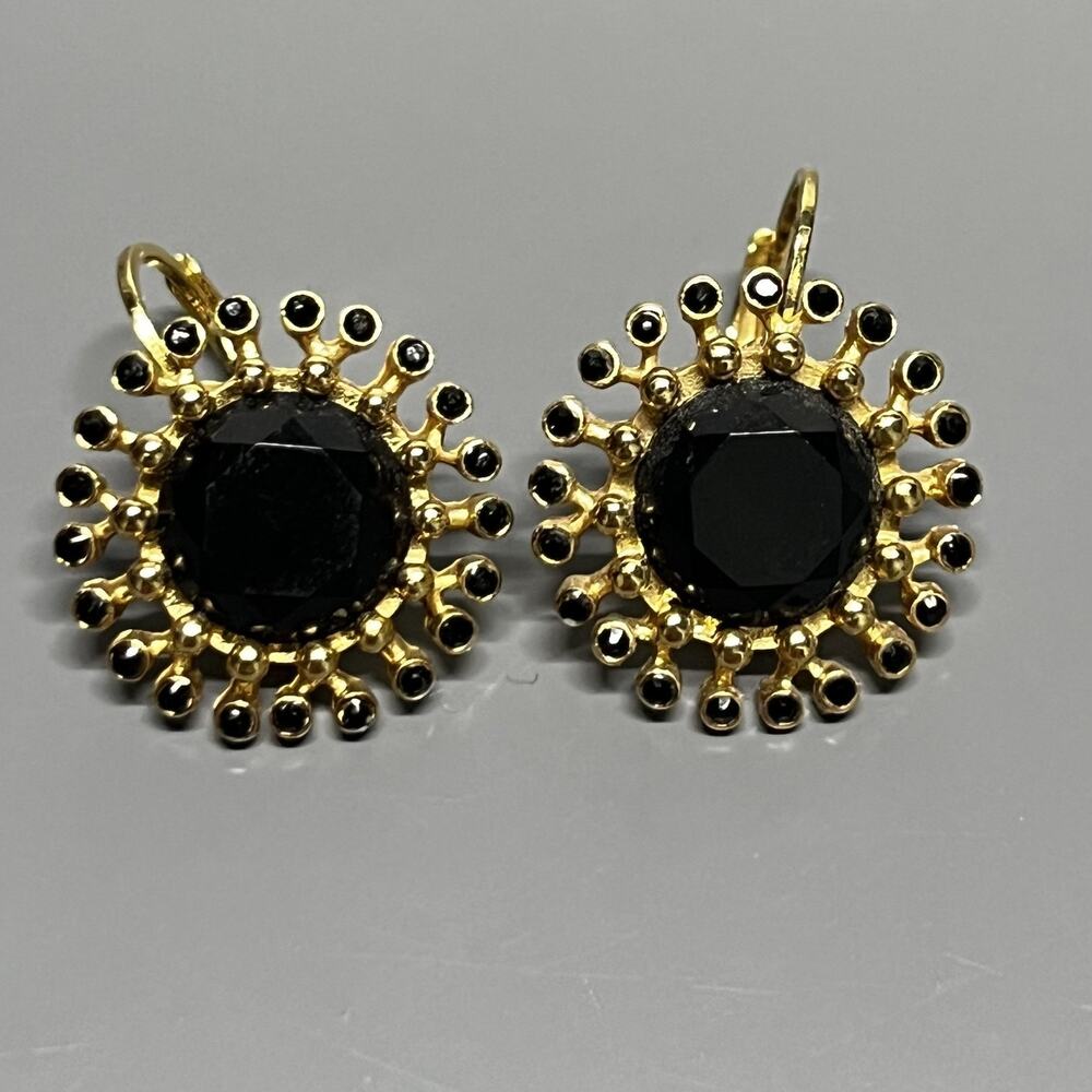 Gold‎ Tone Black Crystal Beaded Sunburst Drop Earrings Womens Costume Jewelry